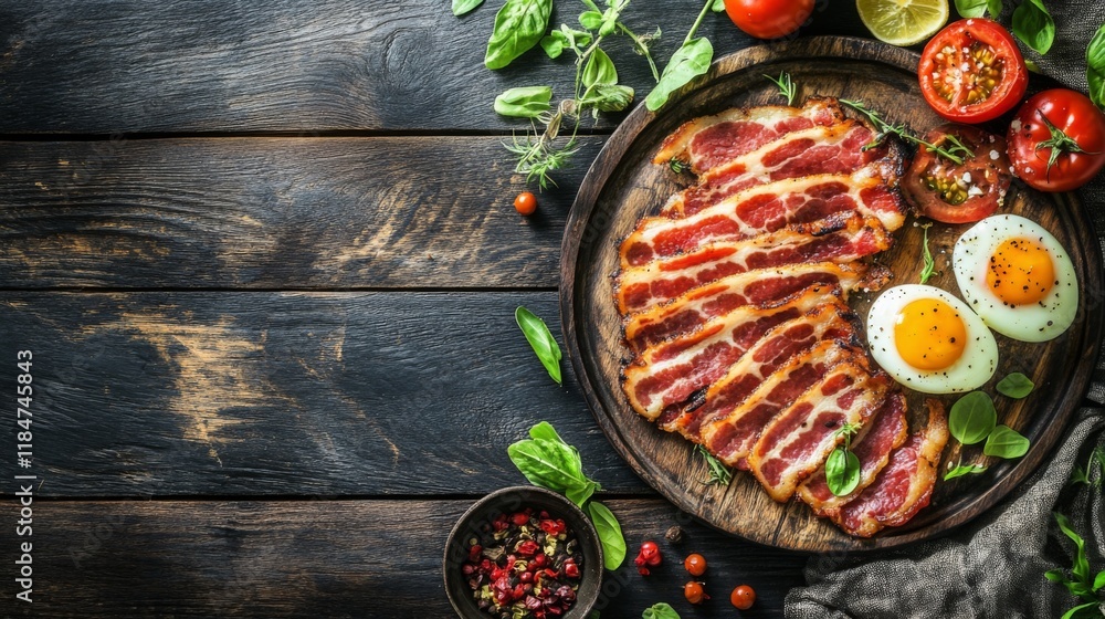 Poster A plate of bacon next to scrambled eggs and freshly sliced tomatoes, creating a hearty breakfast spread on a wooden table.