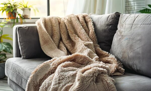 Cozy beige blanket on grey sofa near sunlit window