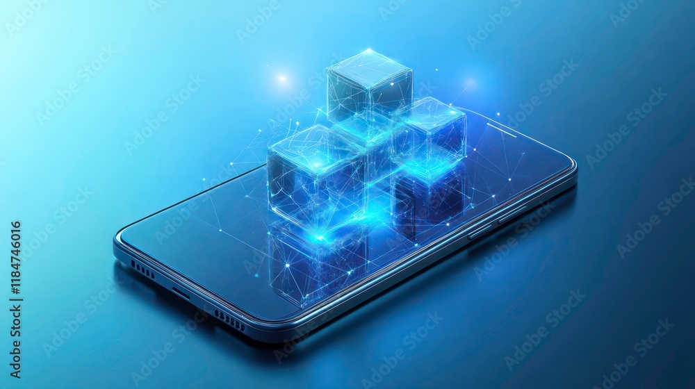 Poster glowing digital cubes on a smartphone, representing data or technology.