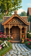 An adorable intricately crafted vintage wooden dog house.