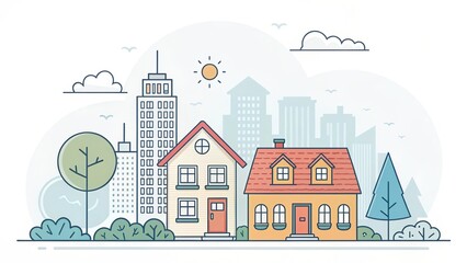 cute house with city landscape illustration background