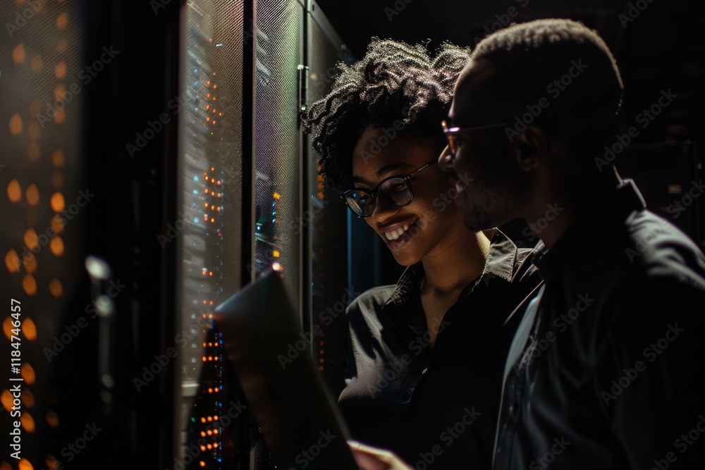 Poster technical team in a server room working on software management, system upgrades, and cyber security,