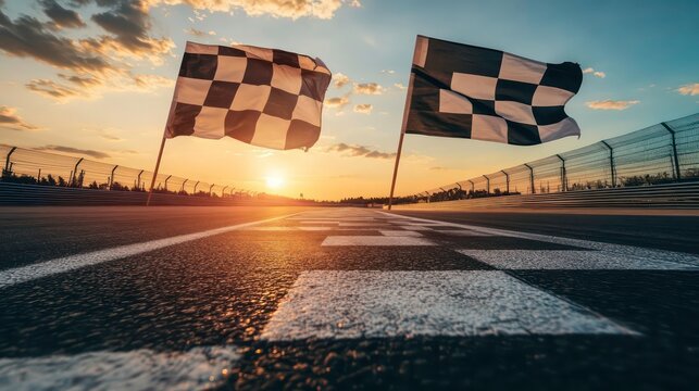 Two checkered flags at sunset on a race track finish line. (1)