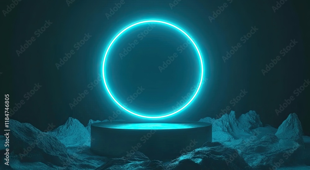 Poster an abstract 3d scene with a neon blue light platform on a dark pedestal, set in an empty studio with