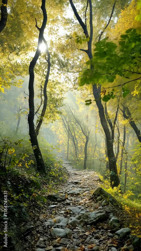 Poster sunlight filters through trees along a serene forest path in early autumn