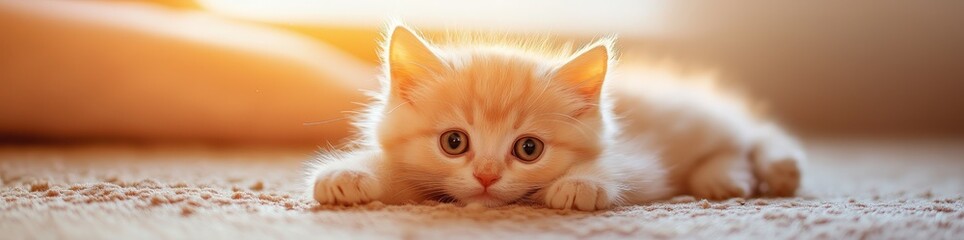 Golden Hour Kitten: A fluffy ginger kitten basks in the warm glow of sunlight, its big eyes captivating.  A heartwarming image of feline innocence and the beauty of a sunlit moment. 