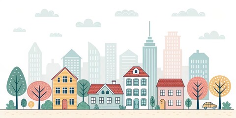 cute house with city landscape illustration background