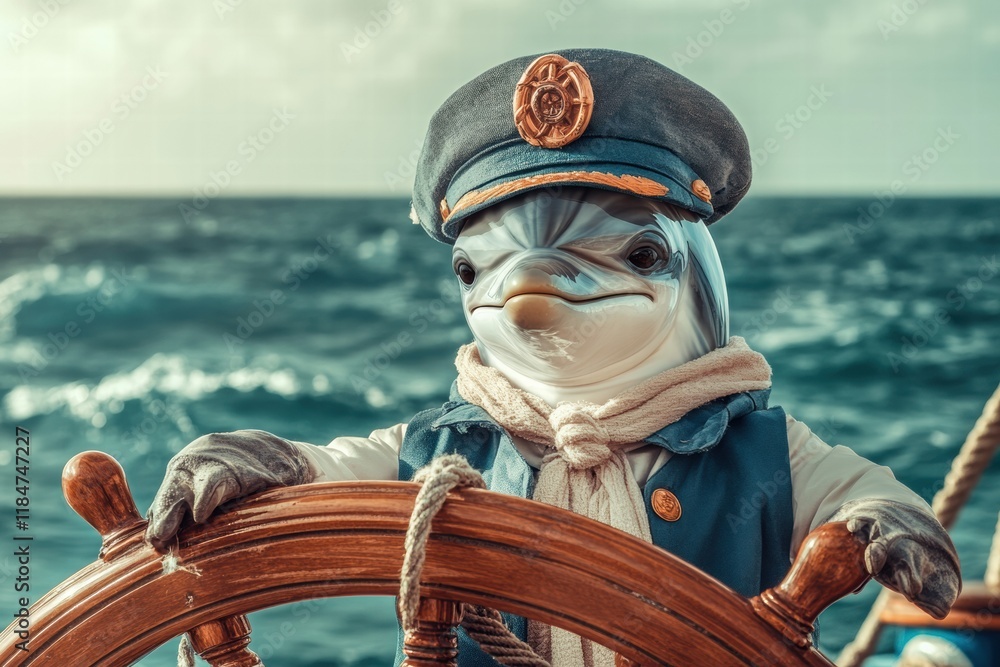 Poster dolphin dressed as ship captain guiding a vessel through the ocean on a sunny day. generative ai