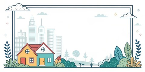 cute house with city landscape illustration background