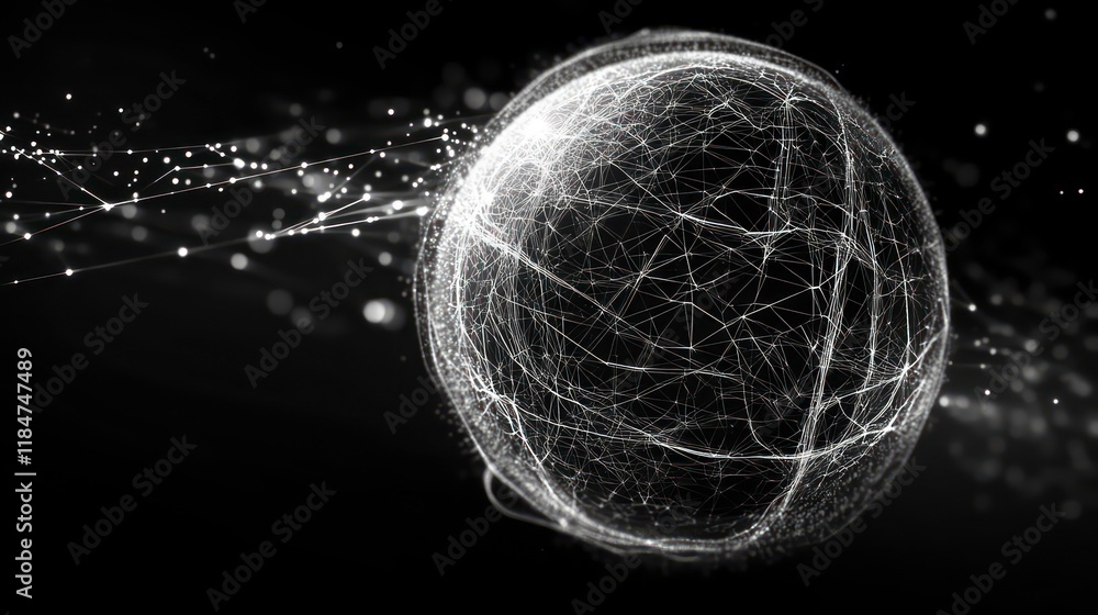 Poster Abstract glowing sphere with connecting lines and particles on black background.