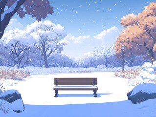 A solitary bench sits in a snowy winter park