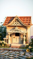 An adorable intricately crafted vintage wooden dog house.