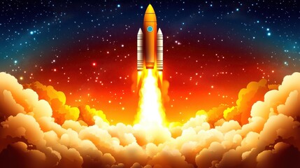 Fototapeta premium Colorful Rocket Launching Into Space with Flames and Clouds