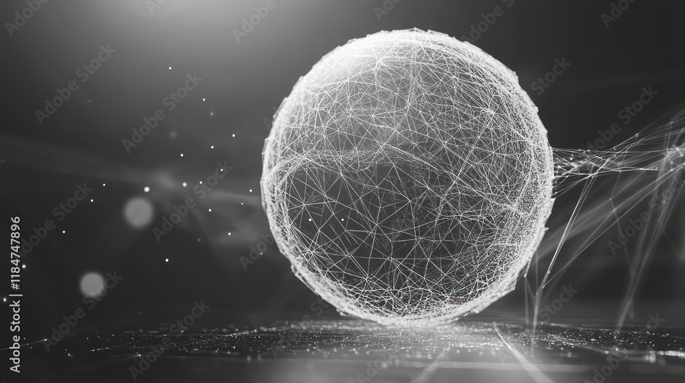 Poster Abstract sphere of interconnected lines and points, glowing softly against a dark background.