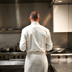 chef in a white uniform cooking in a professional kitchen back view standing at a stainless steel counter with a pan on the stove commercial lighting sharp focus clean background