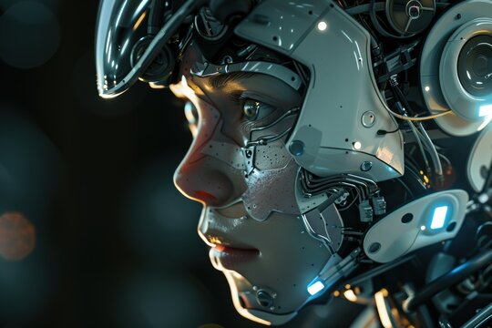Futuristic sci-fi cyborg character for a video game, featuring technology and virtual reality elements in a dystopian setting, designed for AI, fantasy, and robot themes at night