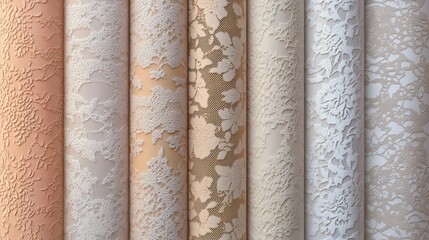 Beige and white lace textures with intricate patterns arranged vertically in a soft gradient