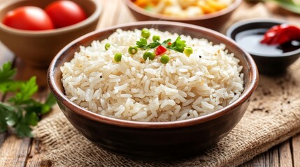 A rustic setting featuring a bowl of hot rice, accompanied by assorted side dishes and a drizzle of soy sauce, all arranged on a wooden surface for a homely feel.