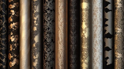 Ornamental lace patterns in gold and black with intricate floral and geometric details
