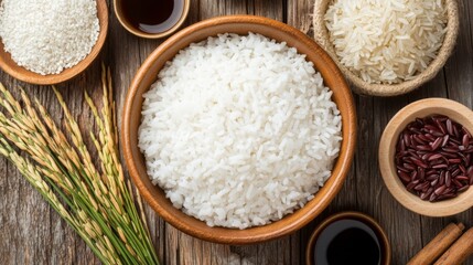 A rustic setting featuring a bowl of hot rice, accompanied by assorted side dishes and a drizzle of soy sauce, all arranged on a wooden surface for a homely feel.