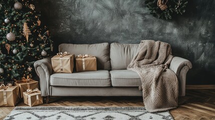 Cozy Christmas scene with presents under a decorated tree and a grey sofa draped with a knit throw. The room is decorated in neutral colors with a dark grey textured wall.