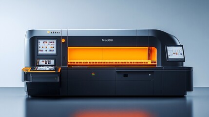 Modern industrial printing machine with glowing interior.