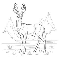 hand drawn deer with mountain coloring page 