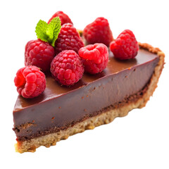 delicious slice of chocolate pie with raspberries on transparent background