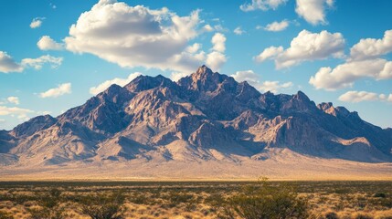 Fototapeta premium Rugged mountains, desert landscape, blue sky, fluffy clouds.