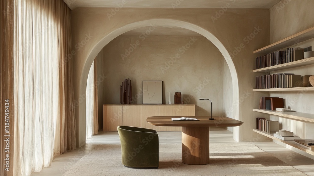 Aufkleber a serene workspace bathed in natural light showcases a mocha mousse color scheme. a sleek desk and a