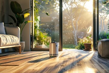 Fototapeta premium Modern living room with air purifier, sunlight streaming through large glass doors to a garden.