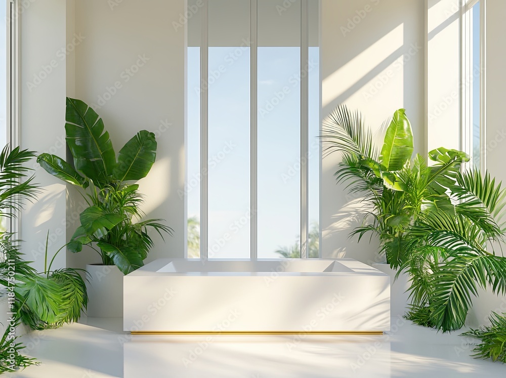 Poster an empty golden podium set against a 3d abstract background with a tree