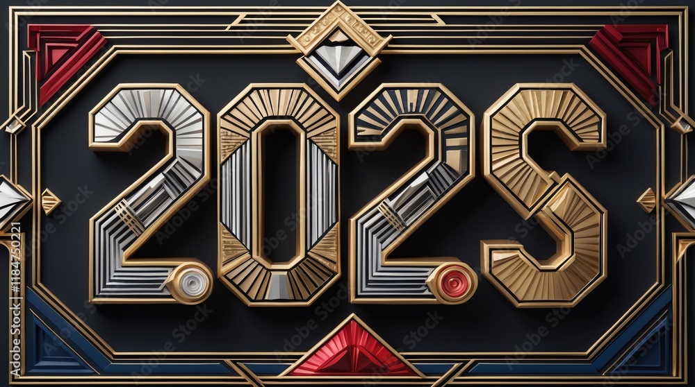 Poster a stylized graphic design featuring the year 2023 with intricate patterns and colors.