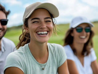 Smiling group enjoys golf day on sunny afternoon
