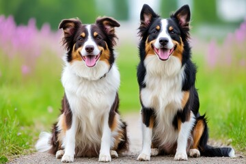 Fototapeta premium Two happy border collie dogs sitting on the path in a green field with purple flowers Generative AI