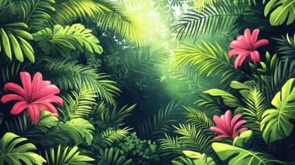 Lush Tropical Jungle with Vibrant Pink Flowers and Green Foliage