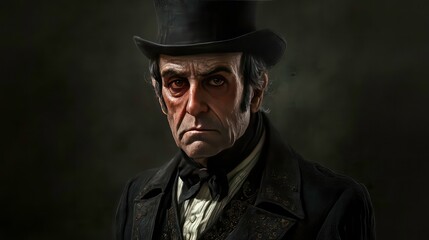 Fototapeta premium Portrait of a stern, older man in 19th-century attire, wearing a top hat and dark coat, against a moody background.