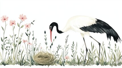 Fototapeta premium Elegant Crane Nesting Among Wildflowers in Serene Landscape