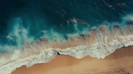 Ocean Waves Crashing on Sandy Beach: Aerial View