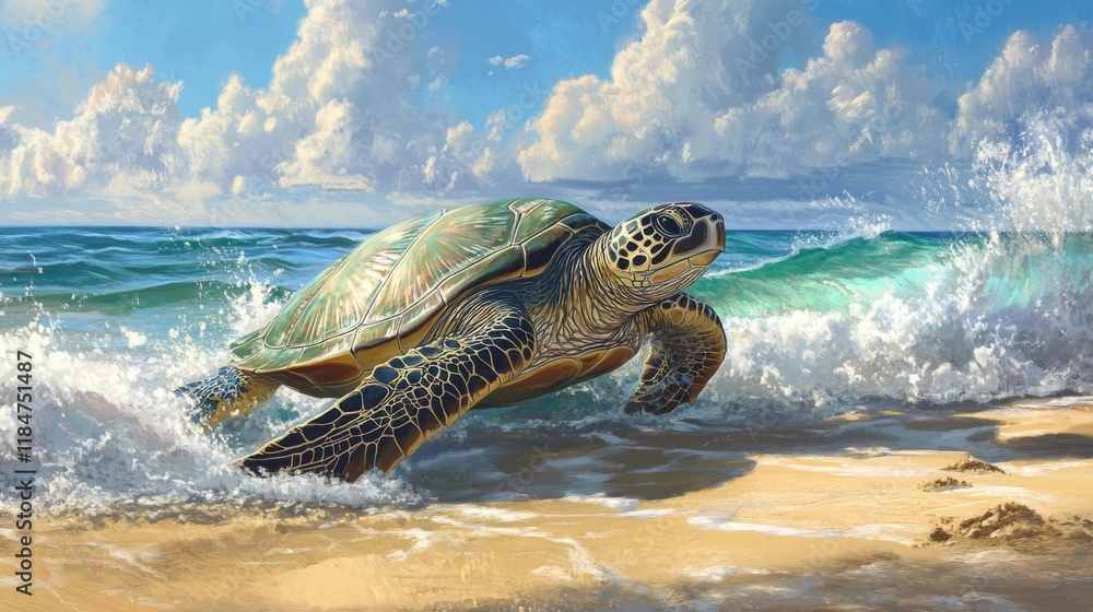 Poster a sea turtle emerging from the ocean and making its way onto a sandy beach, with a backdrop of gentl