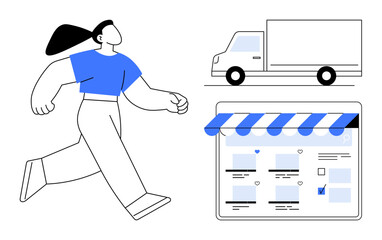 Person walking near a truck and an online storefront with a striped awning, representing themes thumbs up online shopping, delivery, logistics, and e-commerce. Ideal for business, retail, technology