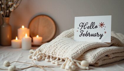 Hello February card on cozy knitted blanket with candles