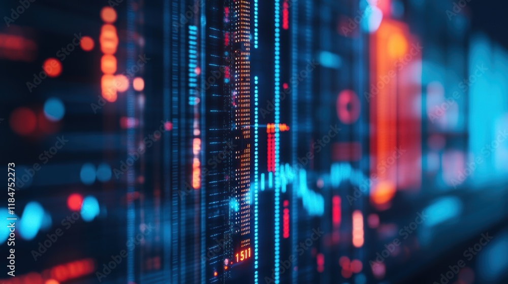 Poster server racks processing data with blue and orange lights illuminating the scene in a modern data cen