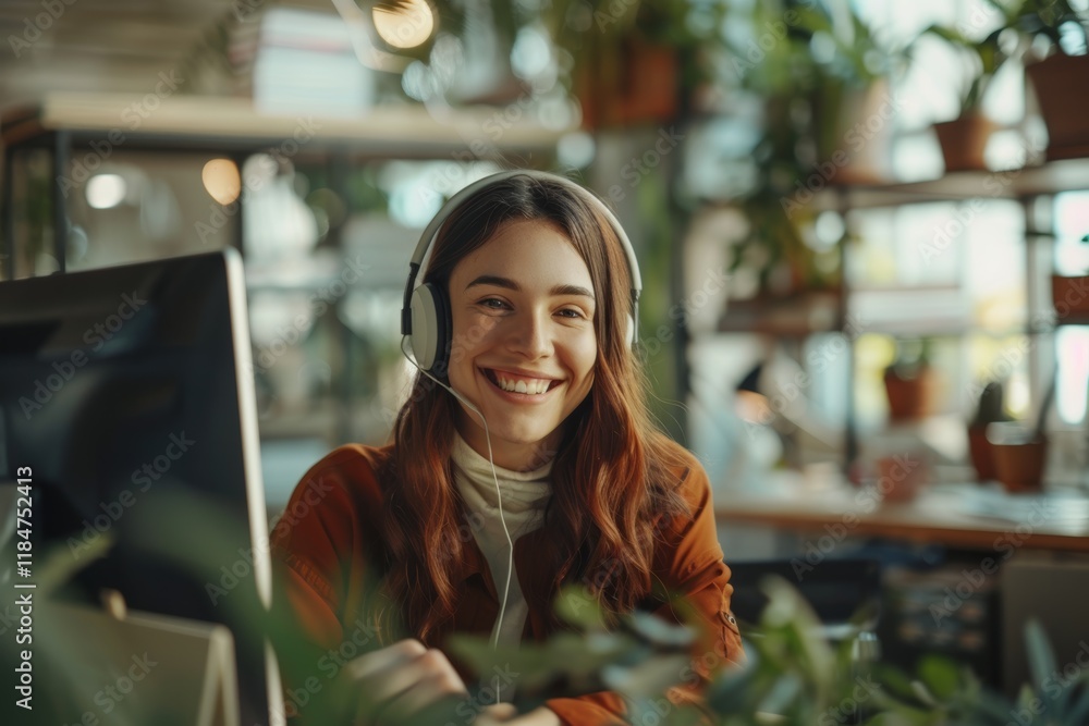 Poster cheerful customer service representative in a call center with a computer setup for online interacti