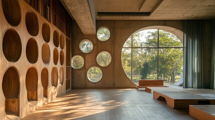 Obraz premium Sunlit interior; concrete, wood, circular windows, tranquil scene.