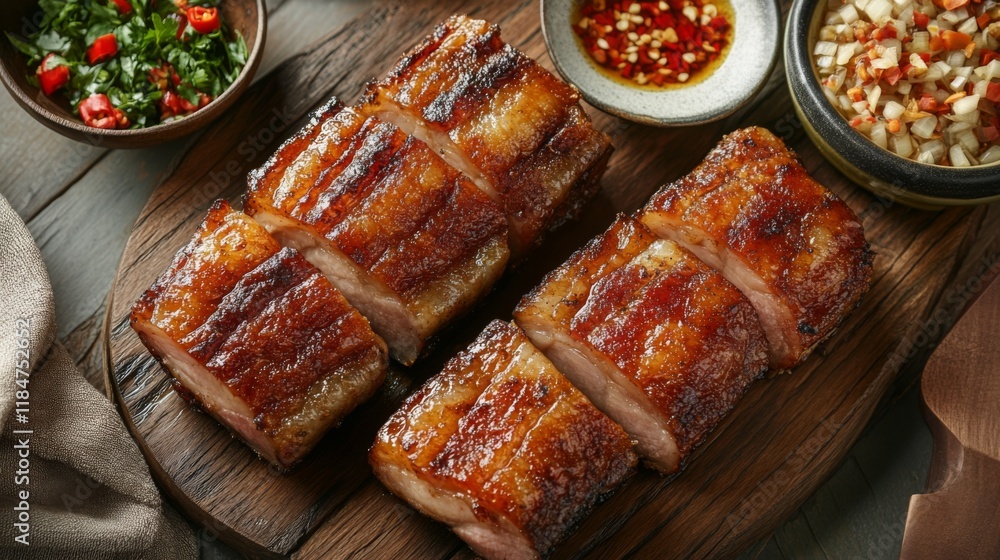 Aufkleber a serving of crispy pork belly fried in fish sauce, arranged on a rustic wooden plate with a side of