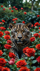 A cyber-aquatic metal rock jaguar hiding in plain sight within the garden full of red roses