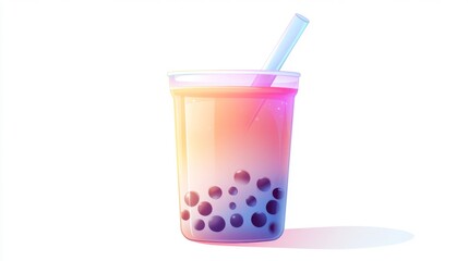 A single cup of bubble tea with a wide straw, showcasing the layers of tea, milk, and pearls, isolated on a pure white backdrop for a modern and minimalistic look.