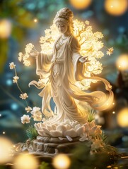 A marble statue of a serene goddess with outstretched hands. The soft glow and floral ornamentation evoke divine elegance and timeless spirituality.