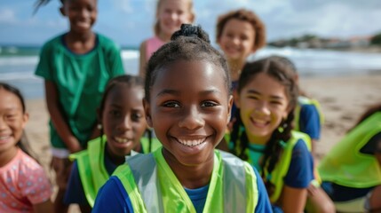 Portrait of children and volunteers participating in eco-friendly beach cleanup for Earth Day and environmental sustainability, promoting teamwork to protect the planet